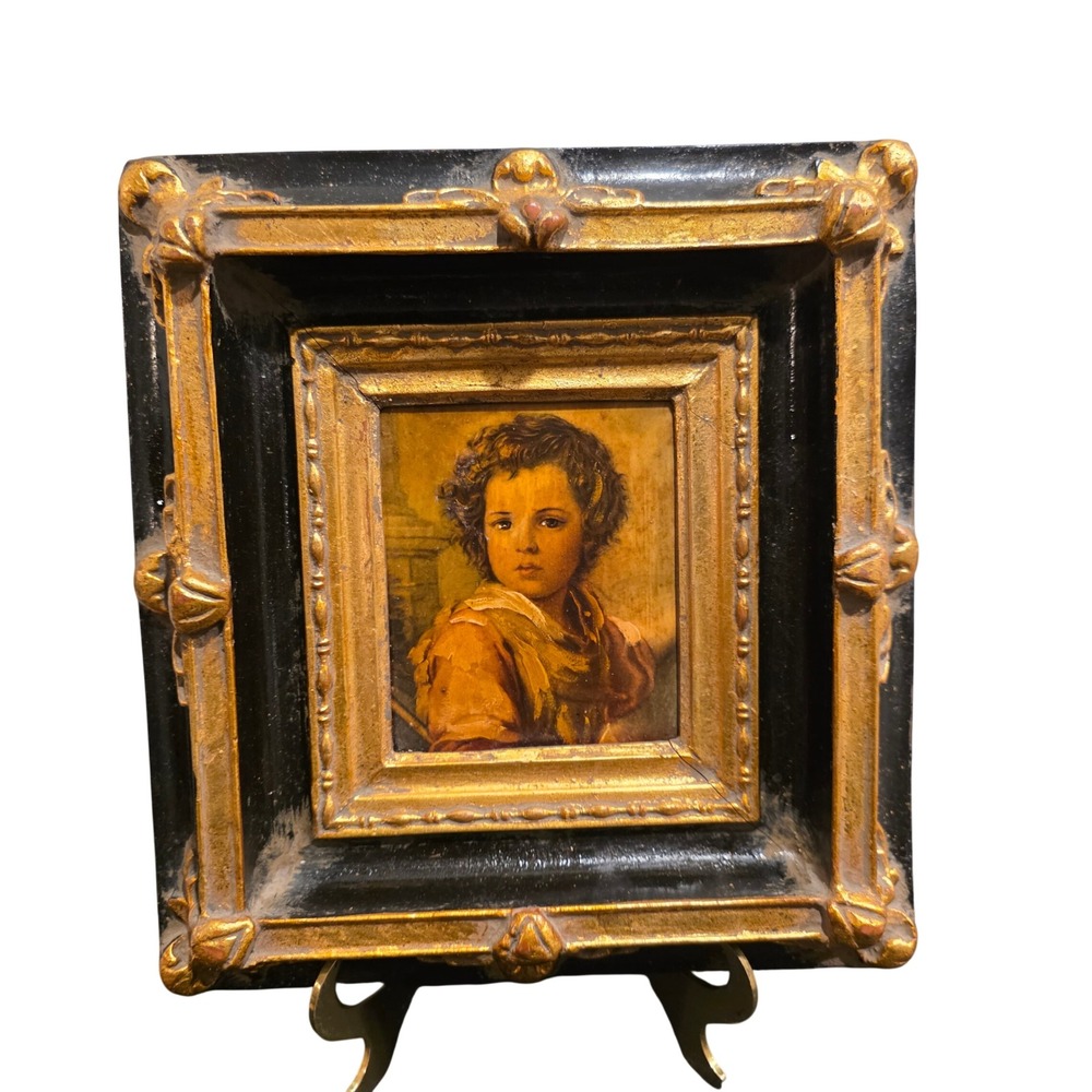 Vintage Italian Oil Painting The Good Shepherd Ornate Wood Frame Black Gold